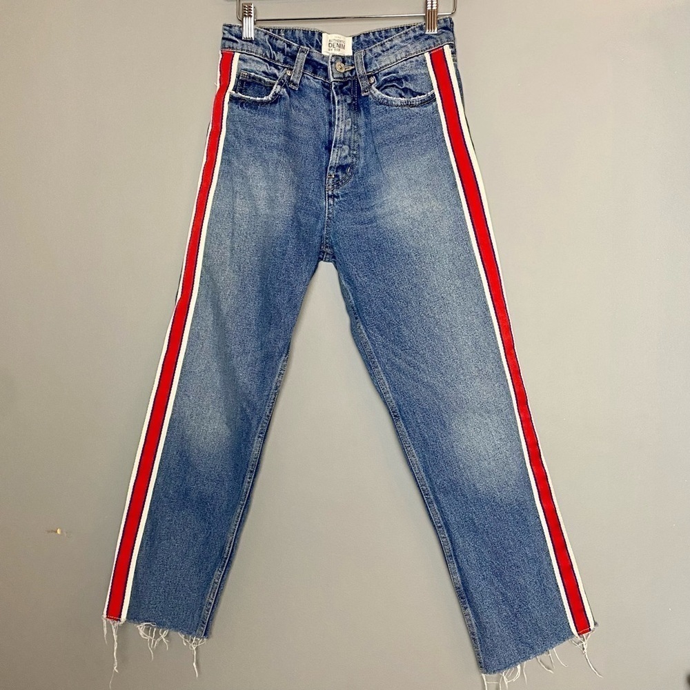 Zara Straight-Leg Raw-Hem Striped Jeans
